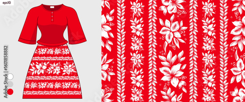 Seamless red striped hibiscus pattern on women skirt and dress, African ethnic textile design, Hawaii fashion, hand drawn floral fabric print vector for clothing mockup, not AI-generated.