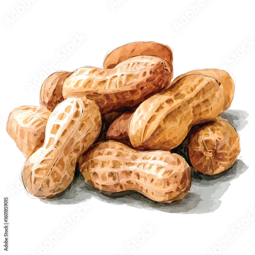 Pile of brown peanuts in watercolor style on white background legume snack