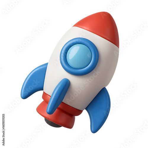 Vibrant 3D Render of a Cartoon Rocket with Red White and Blue Color Scheme on Black Background