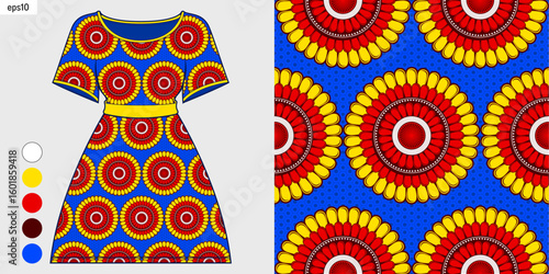 Ethnic seamless African pattern with floral tribal design on women skirt and dress, perfect for fabric mockup, fashion presentation and print design, hand drawn vector artwork.
