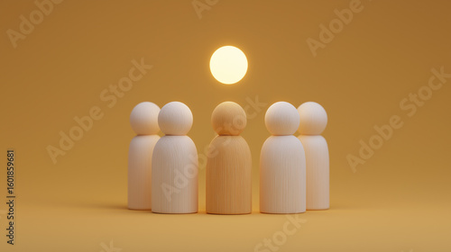 A central, slightly darker wooden figure stands beneath a glowing sphere, surrounded by lighter figures, symbolizing leadership, focus, and a guiding presence within a group.