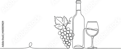 Elegant single line art of wine bottle, glass, and grapes evokes sophistication and celebration.