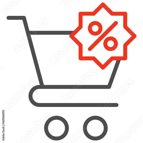 Shopping cart icon with percentage for the item being viewed or to be added to cart represents the percentage of discount, promotion or savings coupon.