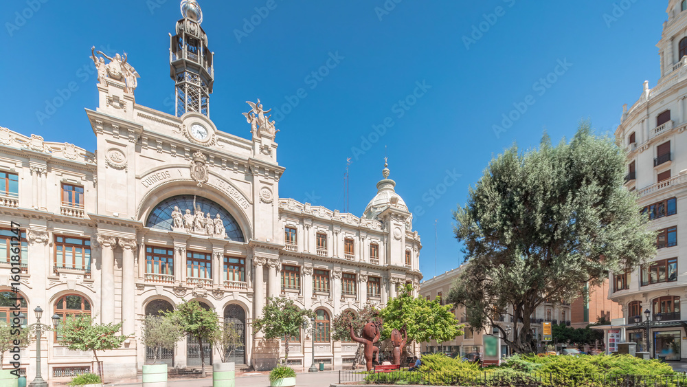 Obraz premium Historic Post Office in Valencia timelapse panorama at City Hall Square. Spain