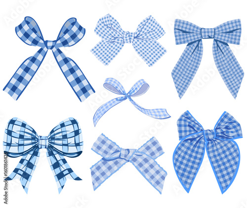 Collection of Vintage Hand Drawn Blue Gingham Bows for Decorations and Crafts