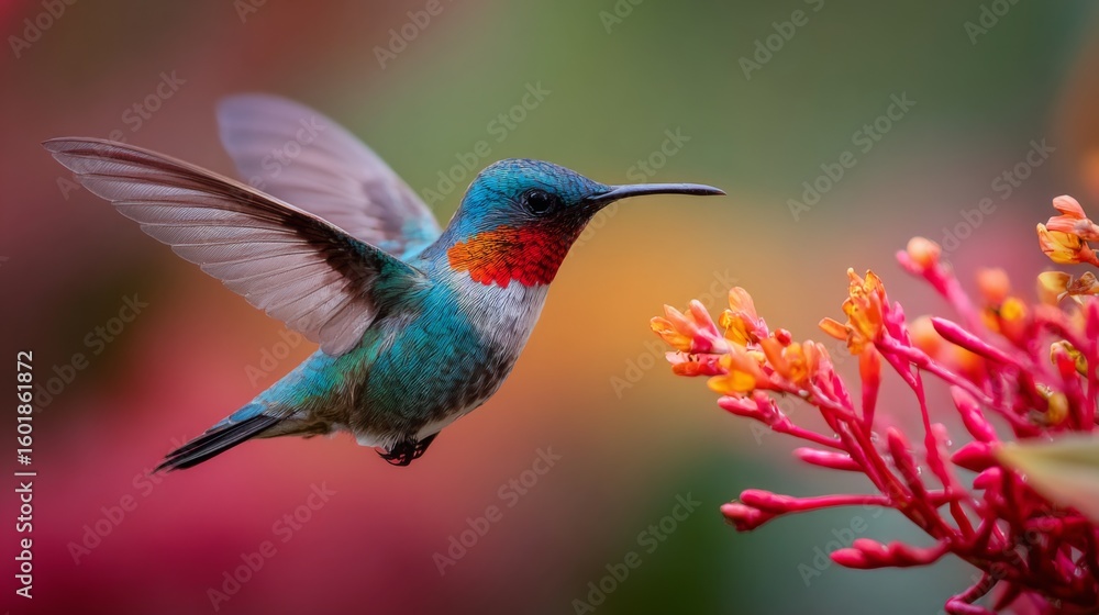 Fototapeta premium Vibrant Hummingbird in Flight Near Colorful Flowering Plant Belonging to Nature and Wildlife Photography
