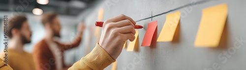 Seamless Digital Customer Journey Experience, Collaborative workspace with hand placing sticky notes on a wall during a brainstorming session.