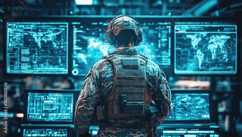 Rear view of a military personnel in tactical gear overseeing a display of global monitoring data in a command center.