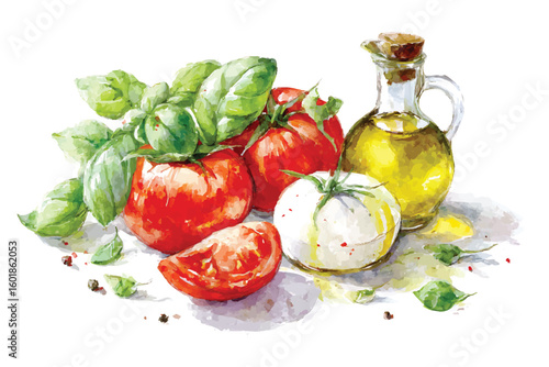Watercolor illustration of ripe tomatoes fresh basil and olive oil caprese salad ingredients