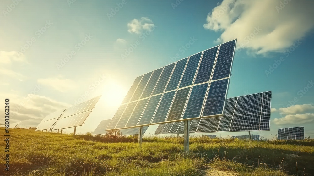 Solar panels on a grassy field under a bright sky at sunset. Rows of photovoltaic panels capture the sunlight, a sustainable energy source. Solar panels on a grassy field under a bright sky at sunset. Rows of photovoltaic panels capture the sunlight, a sustainable energy source.