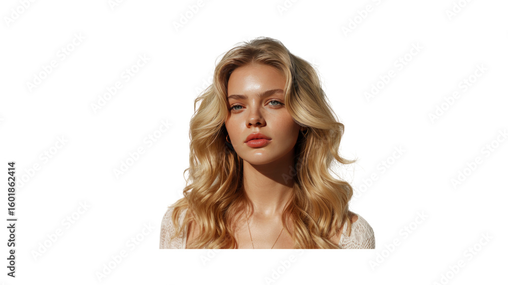 Stunning Blonde Woman with Long Curly Hair, Sunlight Portrait Stunning Blonde Woman with Long Curly Hair, Sunlight Portrait