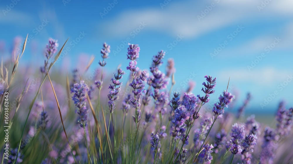 Naklejka premium Vibrant fields of blooming lavender flowers under a bright blue sky with soft clouds in a serene natural landscape
