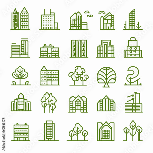 A green city editable stroke outline icons set showing sustainable buildings, eco friendly urban landscapes, and modern architecture.
