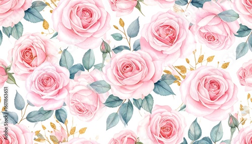 Fototapeta Naklejka Na Ścianę i Meble -  Delicate, repeating pattern of pink roses and leaves on white