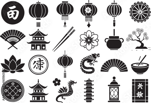Chinese New Year Elements Icon Set  Silhouette Vector Graphics