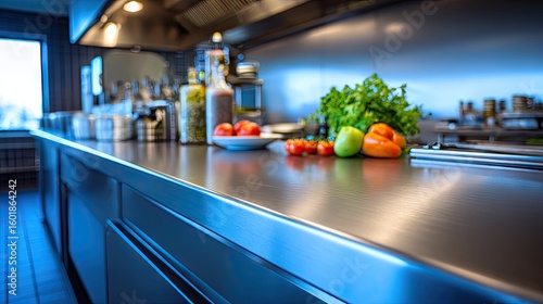Shiny stainless-steel kitchen counters in a clean American restaurant setting