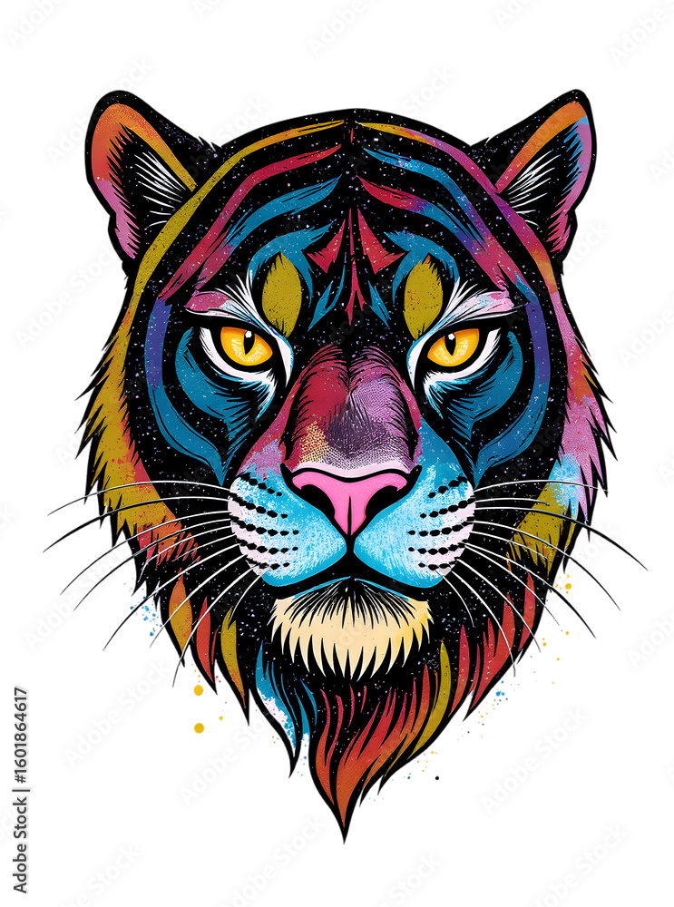 Fototapeta premium Vibrant Tiger Portrait with Geometric Designs in Blue Pink and Yellow on Transparent Background