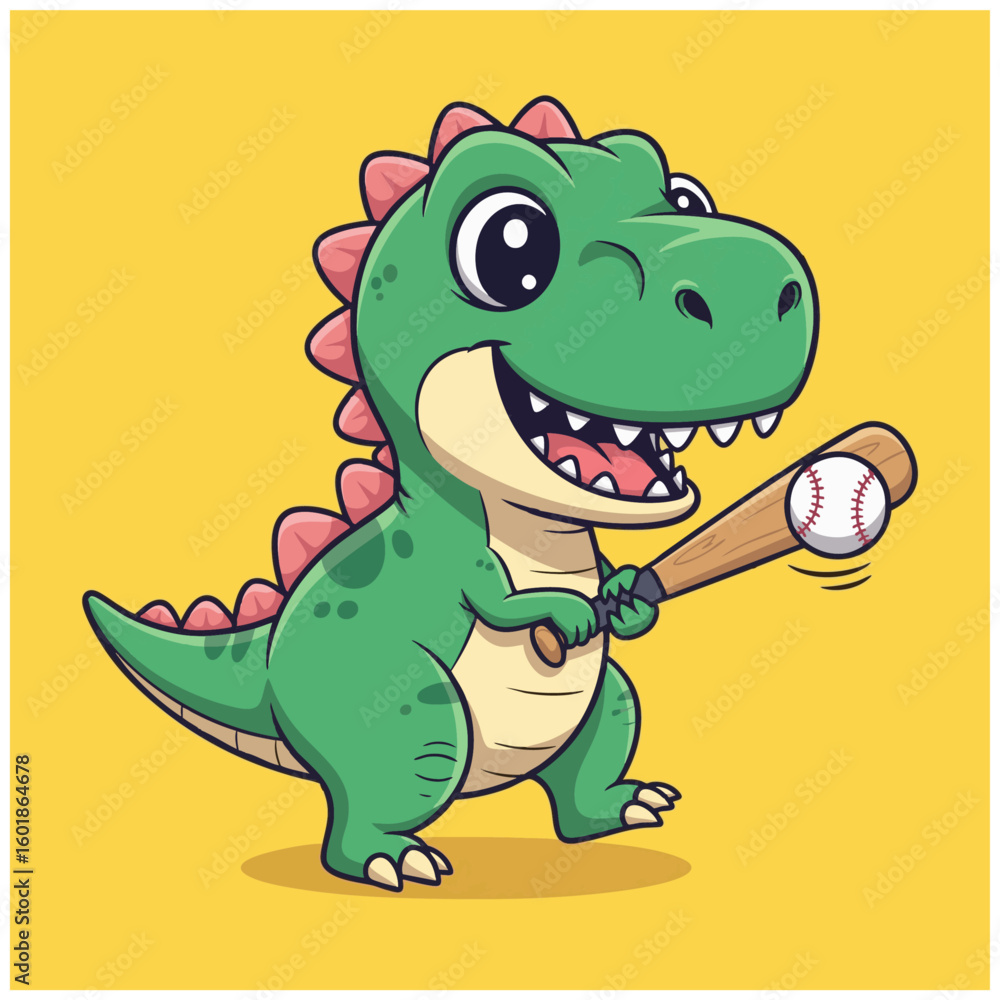 Fototapeta premium A green cartoon illustration dinosaur playing baseball