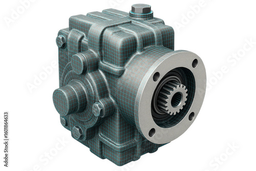Mechanical speed reducer gearbox with a blue wireframe grid on a transparent background