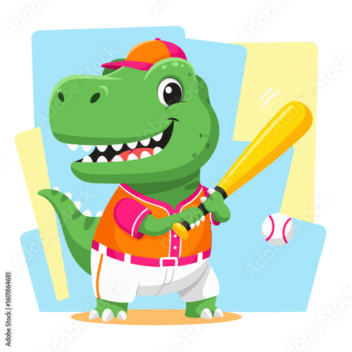 A green cartoon illustration dinosaur playing baseball