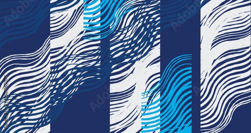 Hand drawn brush line abstract waves and water patchwork pattern in different shades of blue, Japanese and ethnic folk wood carving, block print collage texture background