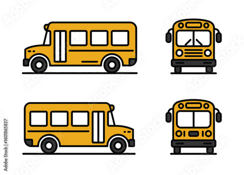 Vibrant yellow school bus icons viewed from side and front, perfect for educational themes.