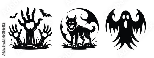 Spooky Halloween icons featuring zombie hands, a werewolf, and a ghost with bats flying