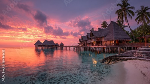 Exotic huts on stilts over the clear water at sunset, palm trees against pink skies