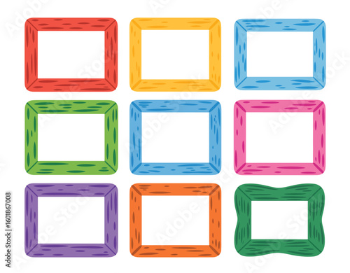 Vibrant collection of nine colorful, decorative picture frames for creative projects and memories