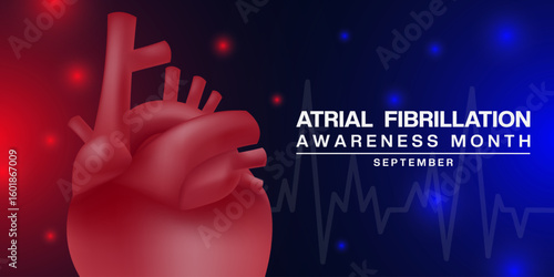 September is Atrial Fibrillation Awareness Month. Heart and light. Great for posters, banners, social media and more. Black background. 