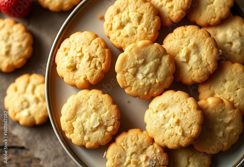 Golden-brown Breton shortbread cookies, sweet and salty, arranged on a plate Top view,  delicious,  buttery