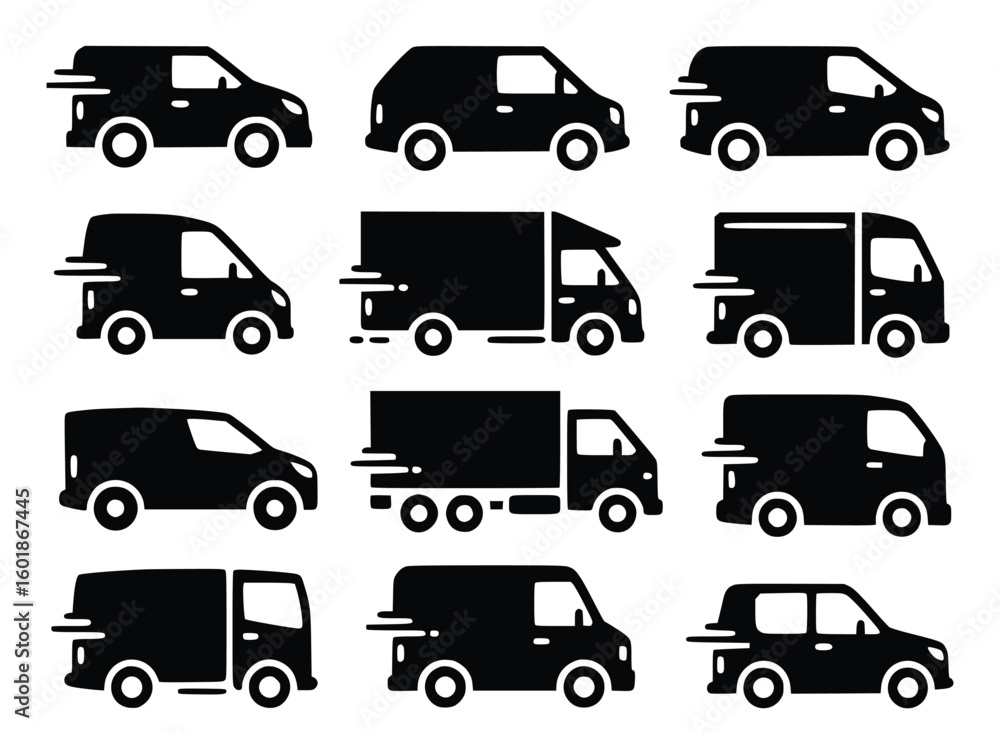 Dynamic delivery vehicle icons representing fast logistics and transportation services for modern business needs Dynamic delivery vehicle icons representing fast logistics and transportation services for modern business needs