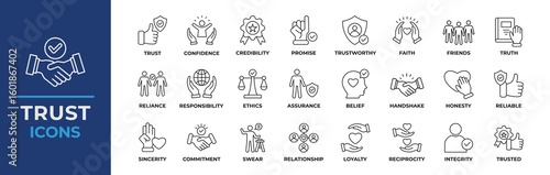 Trust icon set. Containing confidence, credibility, promise, trustworthy, friends, truth, faith, sincerity and honesty. Vector line icons collection.
