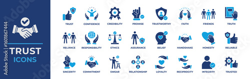 Trust icon set. Containing confidence, credibility, promise, trustworthy, friends, truth, faith, sincerity and honesty. Vector flat icons collection.