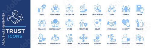 Trust icon set. Containing confidence, credibility, promise, trustworthy, friends, truth, faith, sincerity and honesty. Vector line blue icons collection.