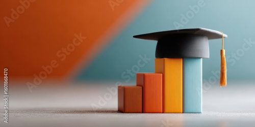 Modern Student Debt Forgiveness Concept with Graduation Cap on Colorful Bar Graph in Library Setting for Education Marketing and Inspiring Content