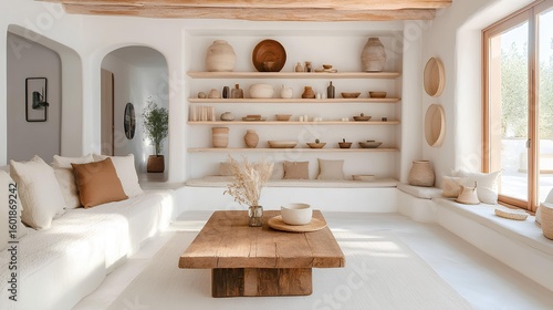 Bohemian Living Room: A bright and airy living room is tastefully adorned with neutral tones, handcrafted decor, and inviting furnishings. A cozy, bright space with a relaxed and inviting atmosphere.