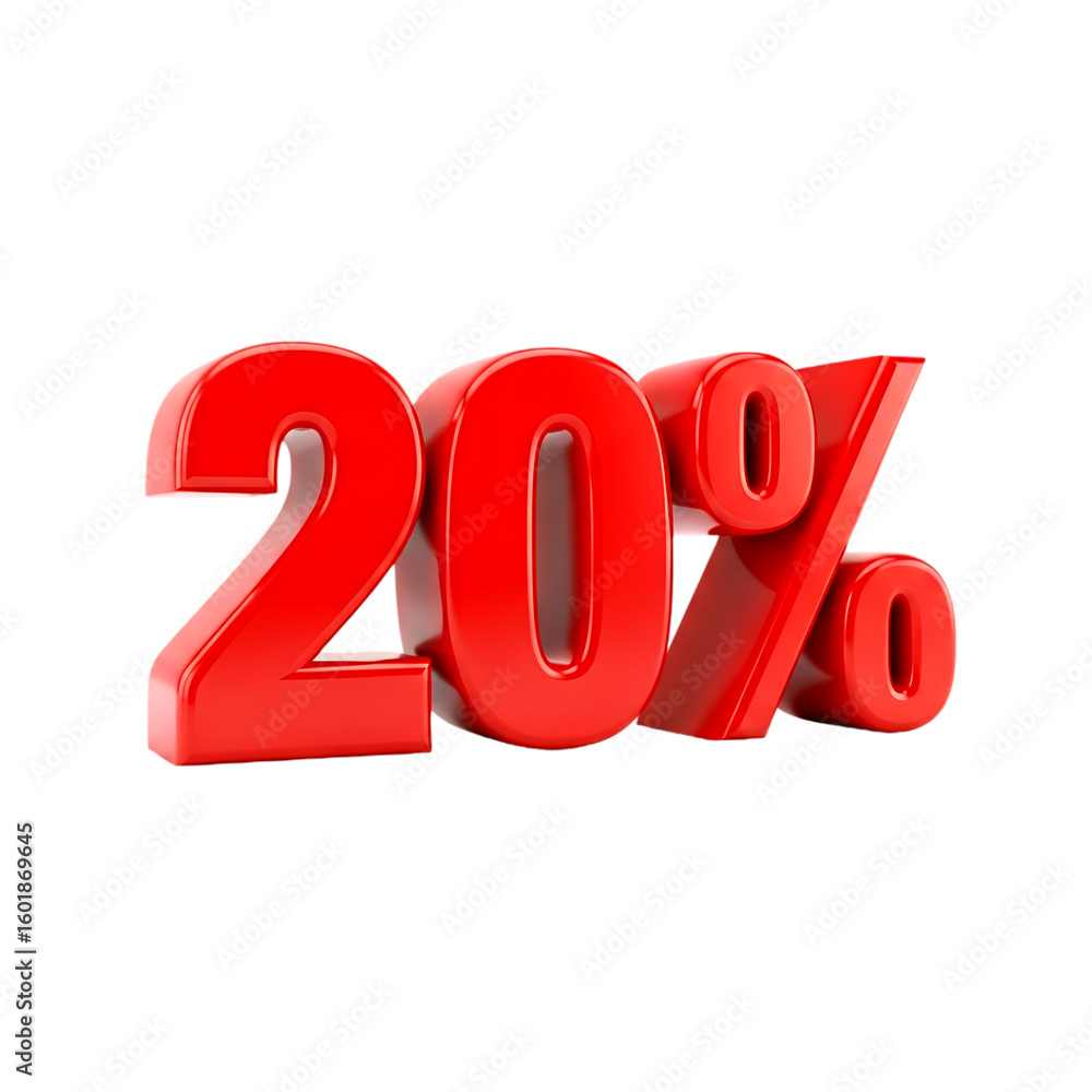Red 3 D twenty percent symbol with subtle shading isolated on a transparent background percentage number Red 3 D twenty percent symbol with subtle shading isolated on a transparent background percentage number