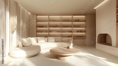 Serene Living Room: A harmonious blend of light and space, this interior design showcases minimalist elegance with a comfortable curved sofa, a natural wooden coffee table, and built-in shelving.