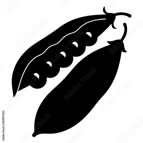 Black and white graphic of two pea pods, one partially open