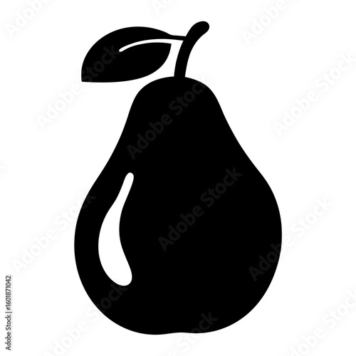 Stylized pear with stem and leaf rendered in black silhouette