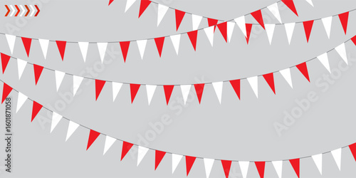 Bunting flags, carnival party flags, white and red festive pennants hanging on a rope. Festival vector decoration. EPS 10.