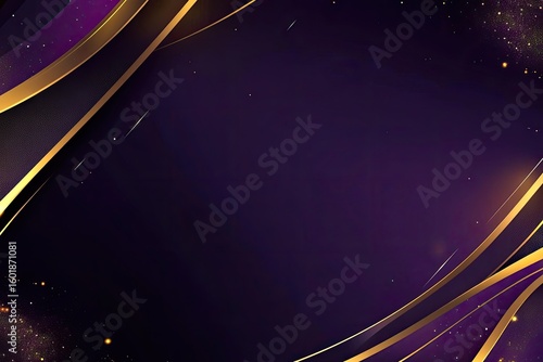 Abstract dark purple and gold background with elegant curved lines and sparkling accents, perfect for design.