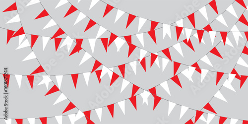 Bunting flags, carnival party flags, white and red festive pennants hanging on a rope. modern illustration.