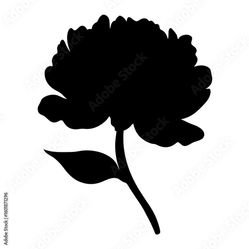 Black silhouette of a peony flower with a leaf on white background
