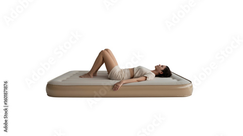 Relaxed Woman Lying on a Beige Inflatable Air Mattress