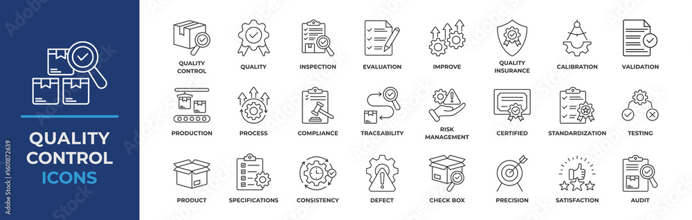 © RiskiAyu - Quality control icons set. Containing inspection, evaluation, product, quality assurance, process, testing and more. Line vector icons collection. © RiskiAyu - Quality control icons set. Containing inspection, evaluation, product, quality assurance, process, testing and more. Line vector icons collection.