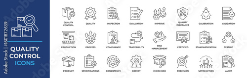 Quality control icons set. Containing inspection, evaluation, product, quality assurance, process, testing and more. Line vector icons collection.