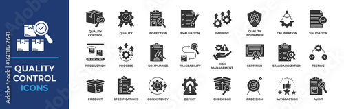 Quality control icons set. Containing inspection, evaluation, product, quality assurance, process, testing and more. Solid vector icons collection.