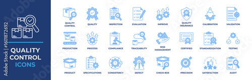 Quality control icons set. Containing inspection, evaluation, product, quality assurance, process, testing and more. Line blue vector icons collection.